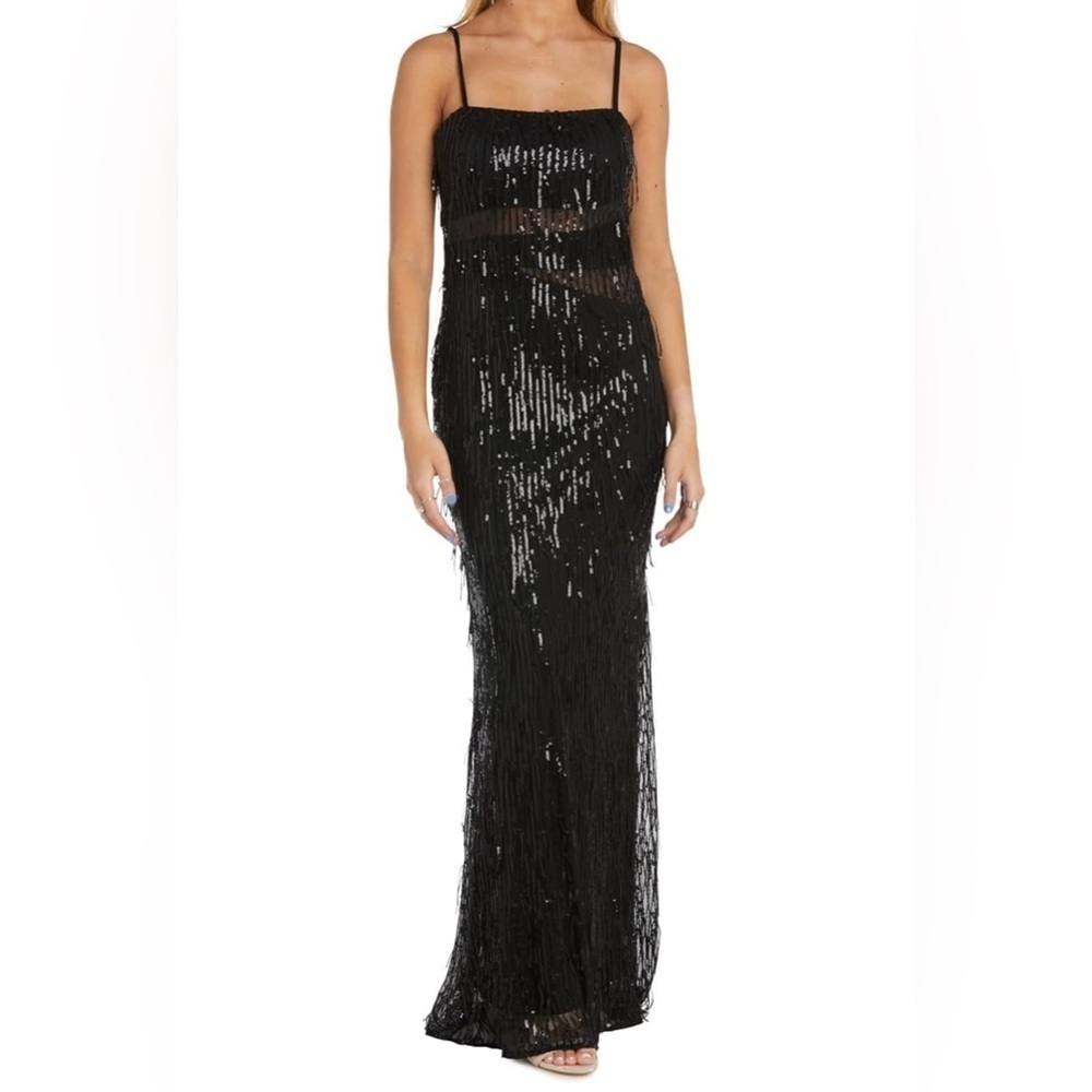 Morgan & Co.‎ Juniors Long Fringe Sequined Gown W/Illusion Cut Outs size 11